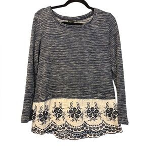 RXB Navy Blue Knit top with Eyelet Detail Crew Neck Long Sleeve Size Small